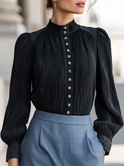 Pleated Stand Collar Front Buttons Blouse
