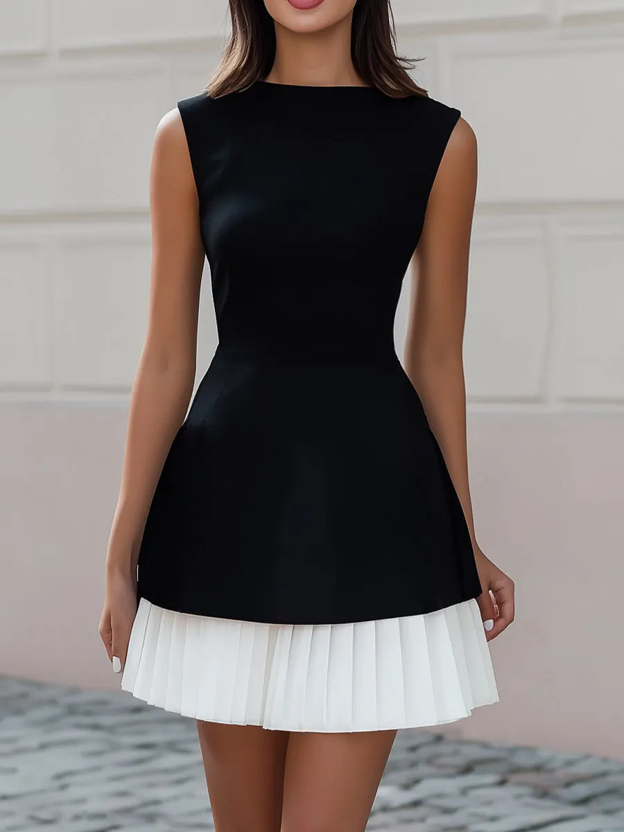 Black and White Layered Pleat Hem Fit-and-Flare Mini Dress