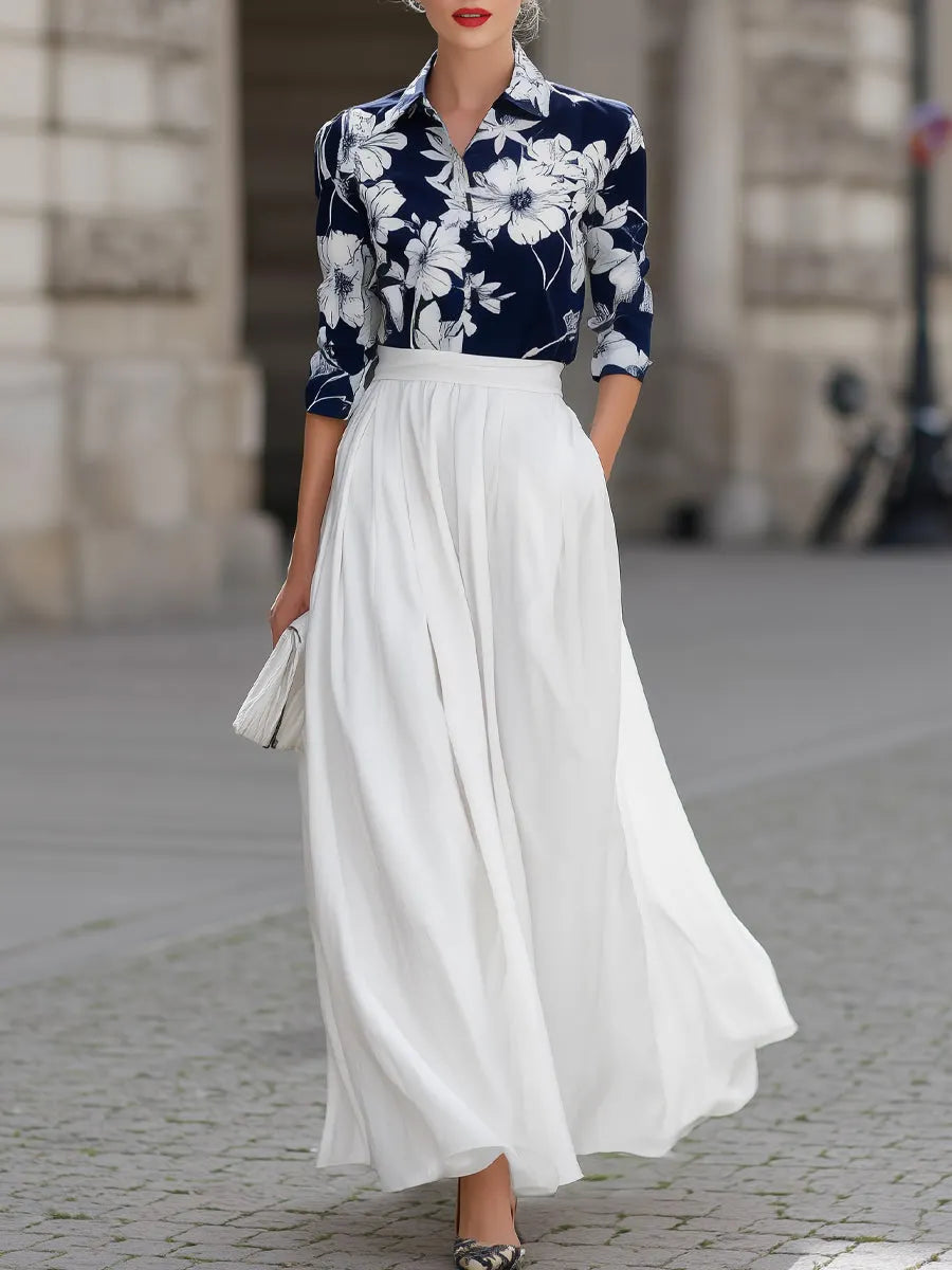 Floral Print Button-Down & High-Waisted Maxi Skirt Set