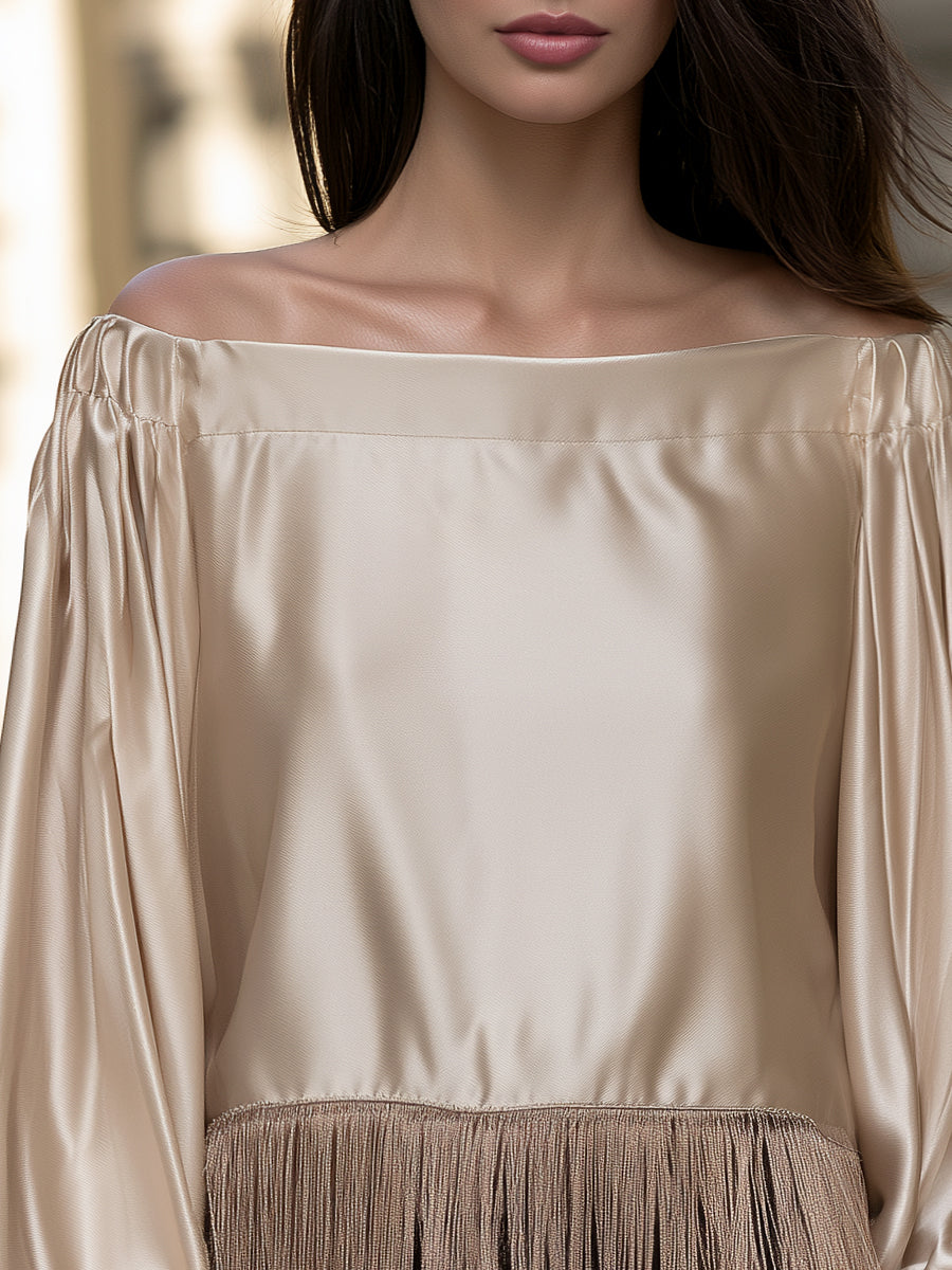Satin Fringe Detail Puff Sleeves Off-Shoulder Blouse