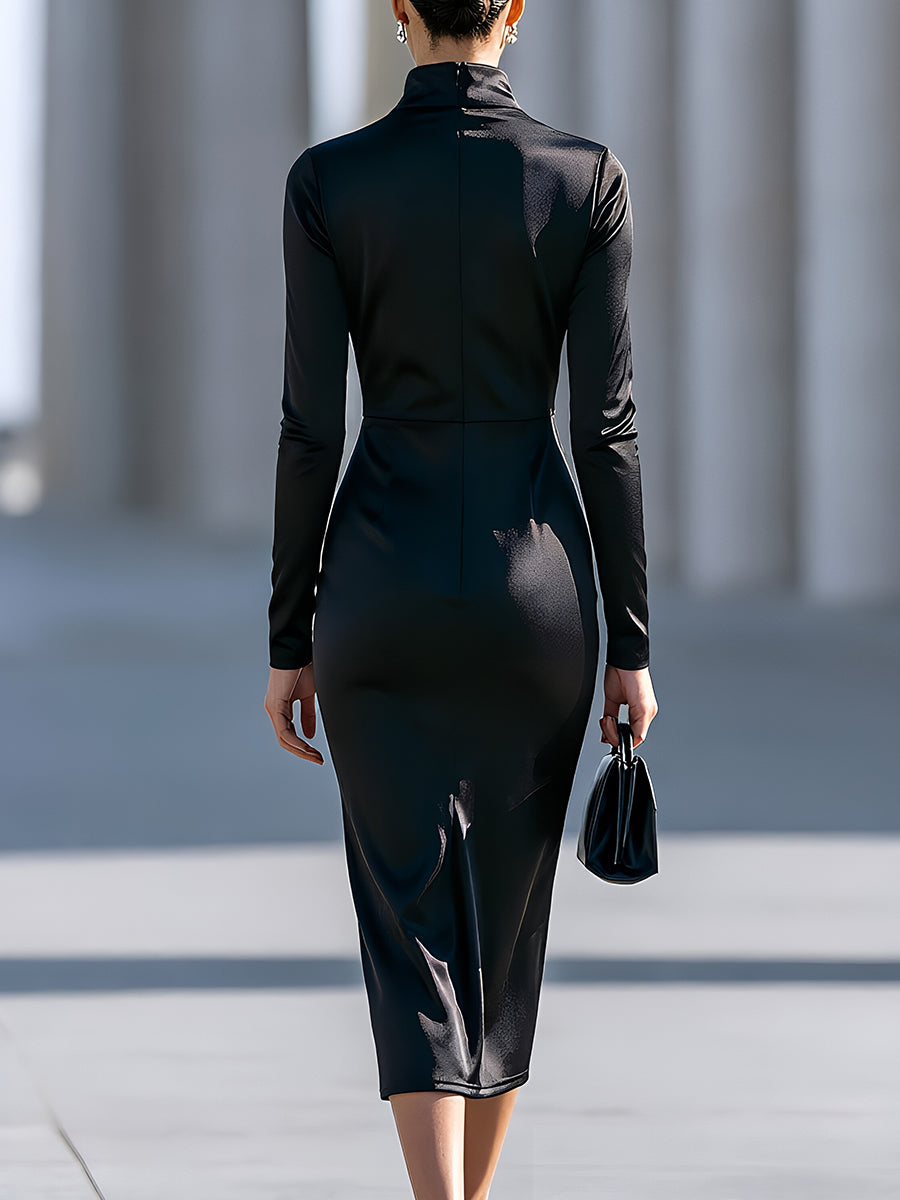 Draped High-Neck Long-Sleeve Midi Dress