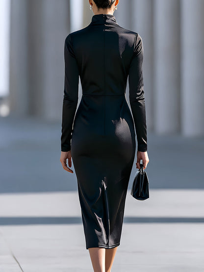 Draped High-Neck Long-Sleeve Midi Dress