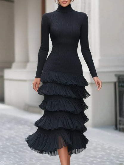 Chiffon Ruffle Skirt Ribbed Knit Midi Dress