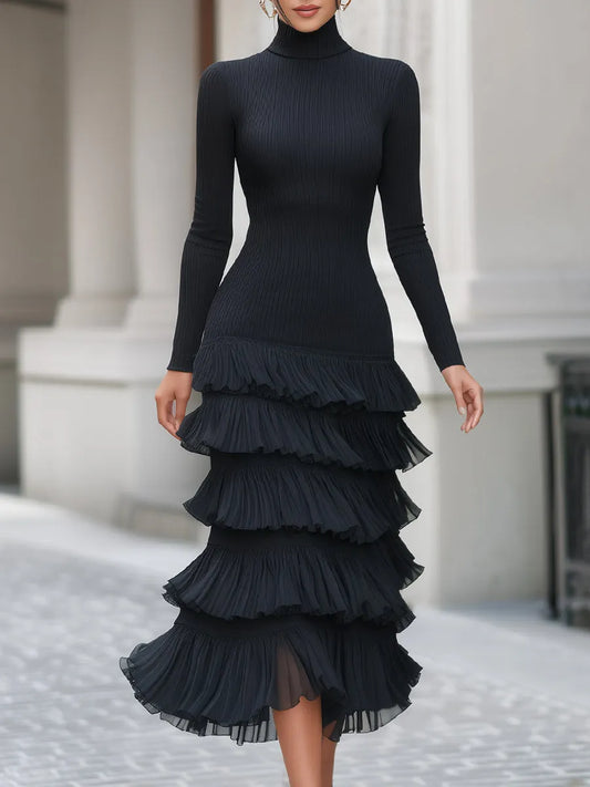 Vestido Midi de Malha Canelada com Babados de Chiffon
