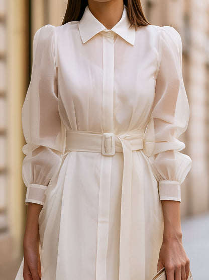 Elegant Belted Sheer Sleeve Shirt Maxi Dress