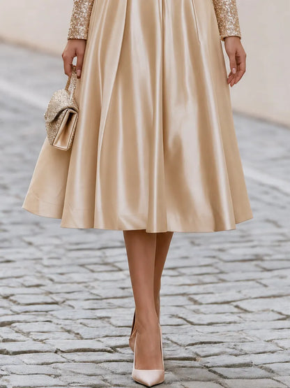 Off Shoulder Sequin Long Sleeve Satin Pleated Midi A-Line Cocktail Dress