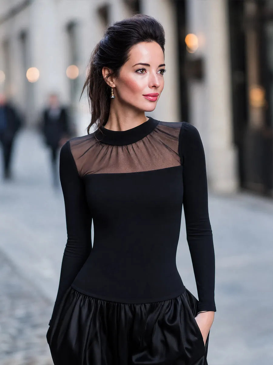 Mesh Panel Long Sleeve Fitted Top