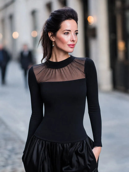 Mesh Panel Long Sleeve Fitted Top