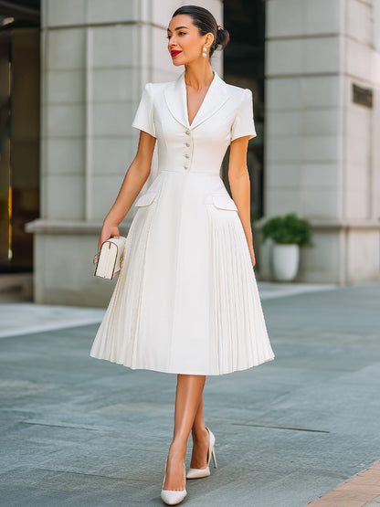 Notched-Lapel Pleated A-Line Midi Dress