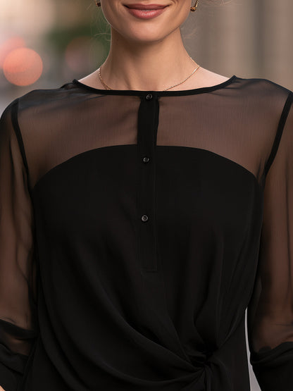 Asymmetrical Front Knot Sheer Yoke Chiffon Blouse