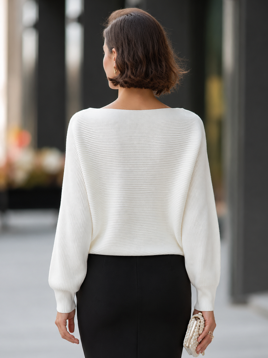 Boat-Neck Dolman Sleeve Ribbed Knit Sweater