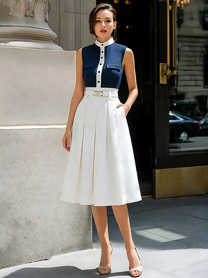 Sleeveless Contrast Bodice Pleated Midi Dress