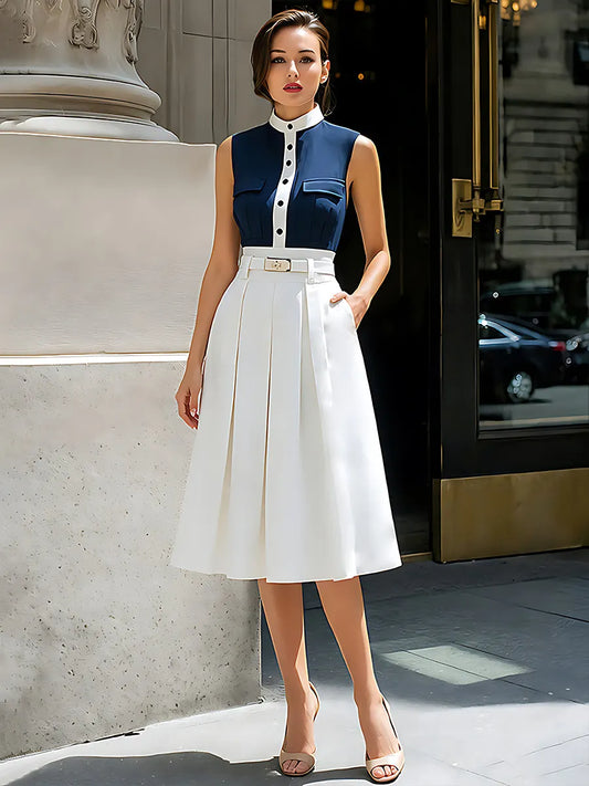 Sleeveless Contrast Bodice Pleated Midi Dress