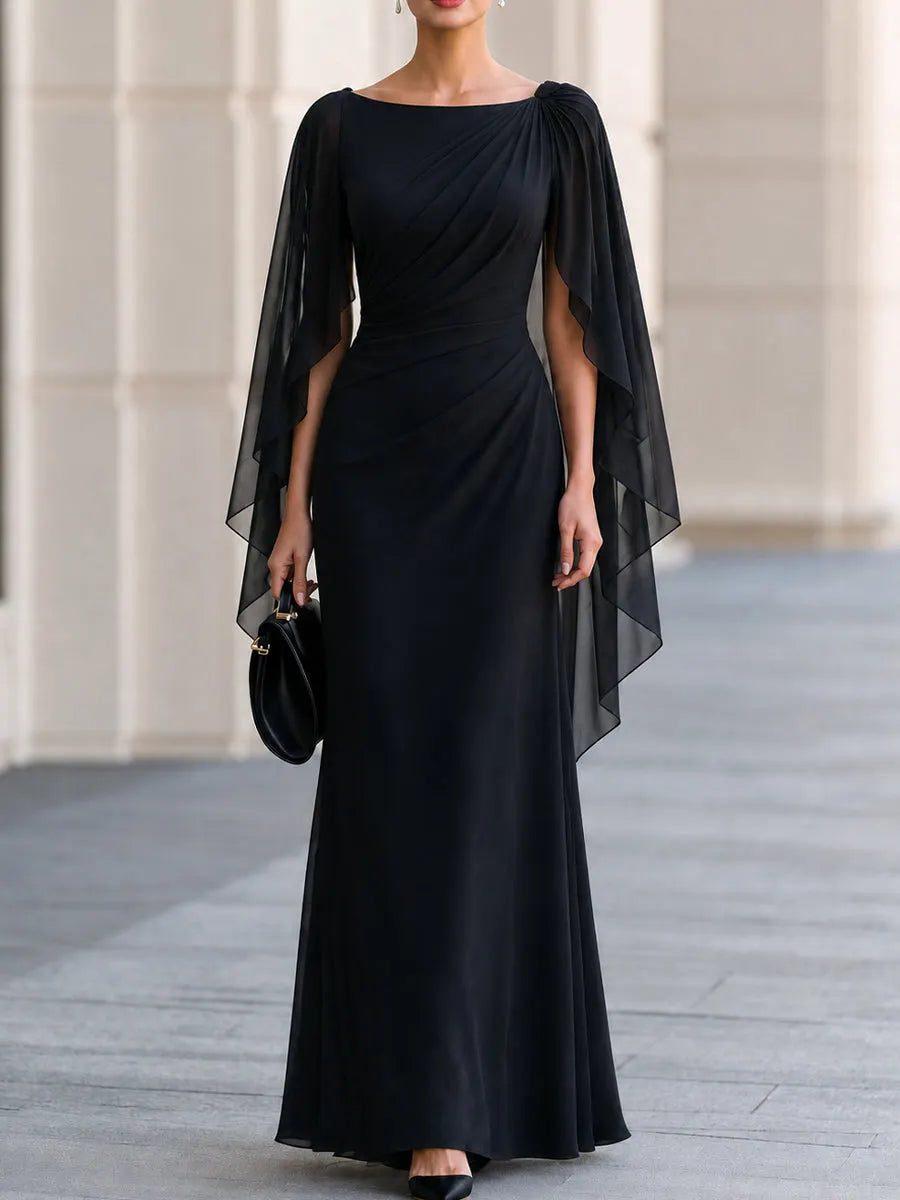 Black Boat Neck Draped Chiffon Cape Sleeve Maxi Formal Evening Gown