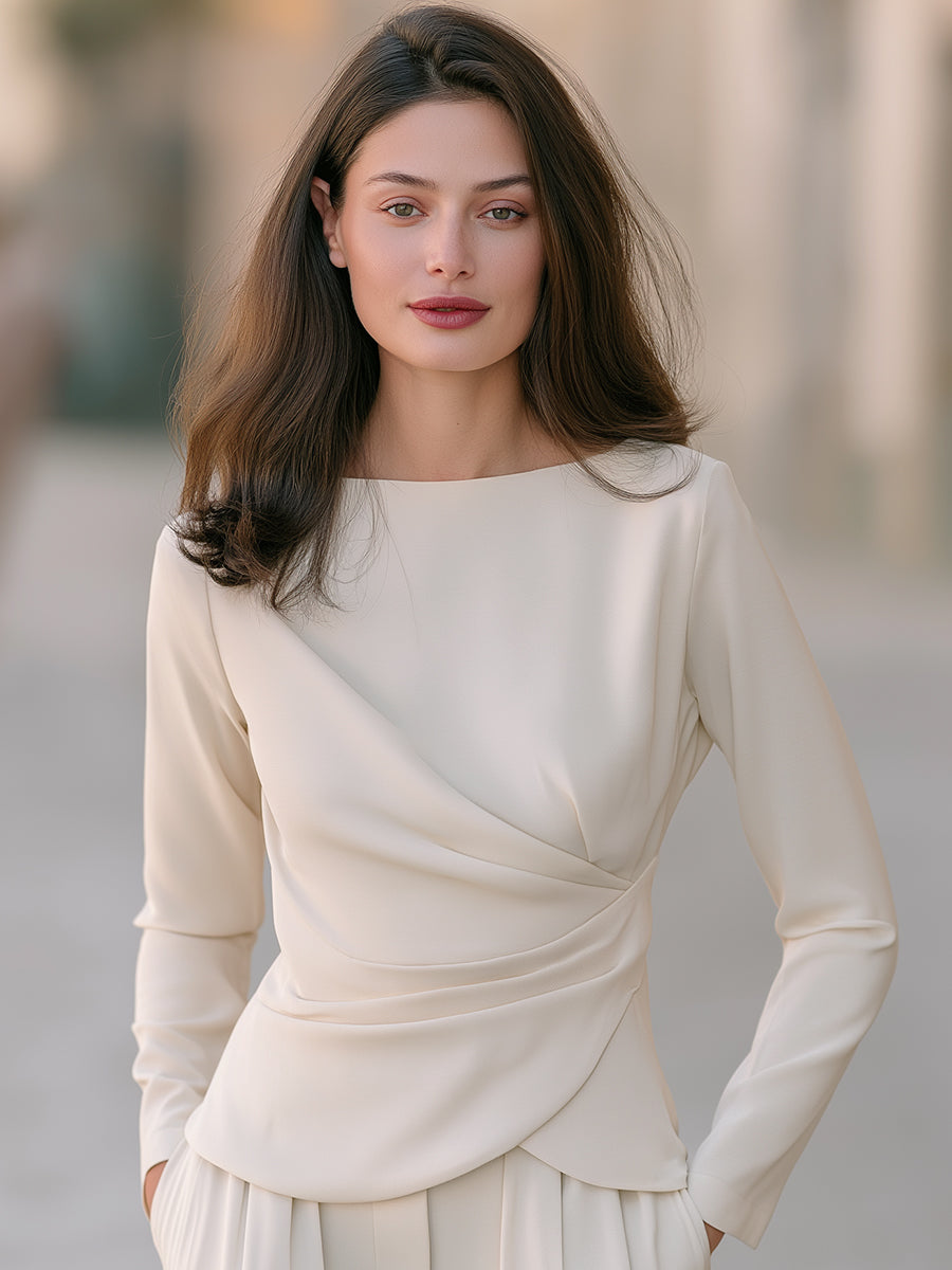 Ivory Draped Twist Front Long Sleeve Top