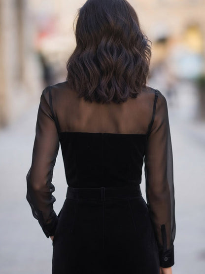 Sheer Yoke Velvet Shirt Blouse