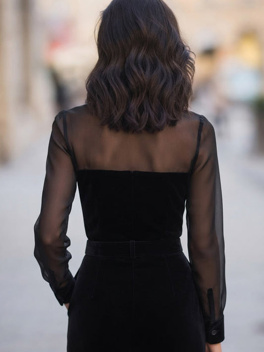 Blouse en velours à empiècement transparent