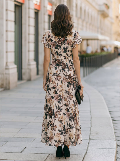 Elegant Floral Wrap Maxi Dress With Tie Waist And Flutter Sleeves