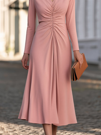 Ruched V-Neck Fit-And-Flare Midi Dress