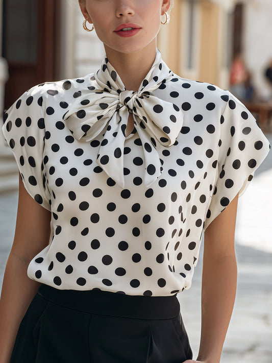 Blusa de Manga Curta com Laço no Pescoço de Poá de Cetim