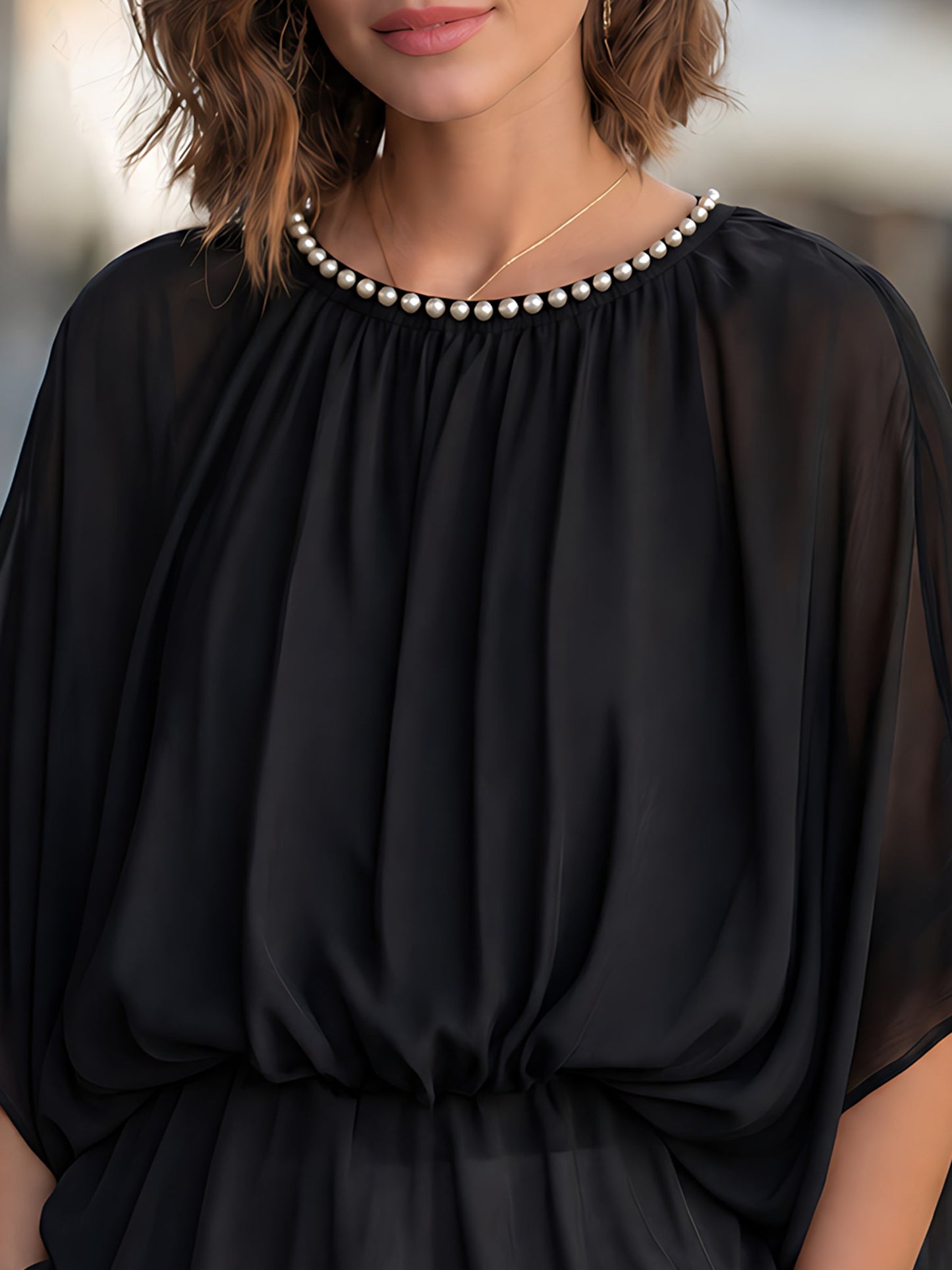 Pearl Embellished Crew Neck Gathered Cape Blouse