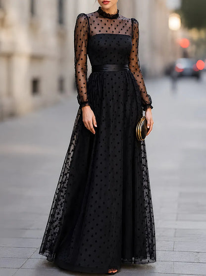 Elegant Polka Dot Mesh Long Sleeve Maxi Dress
