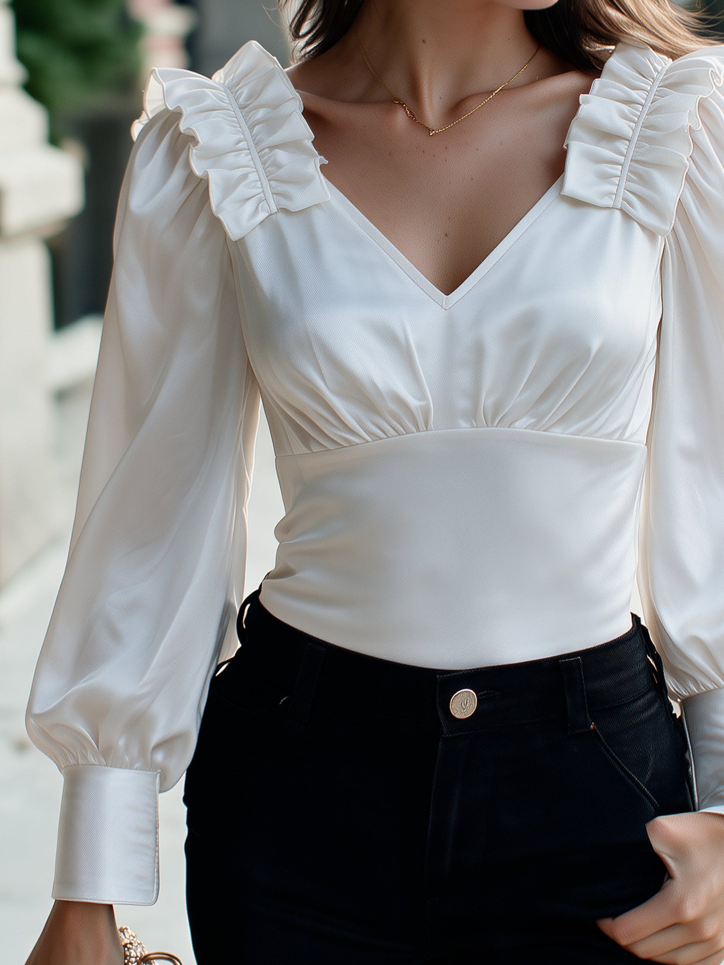Satin Ruffle Puff-Sleeve Ruched V-Neck Top