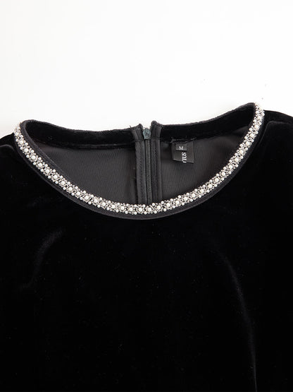 Elegant Velvet Mini Dress With Embellished Neckline And Floral Cuff Detail