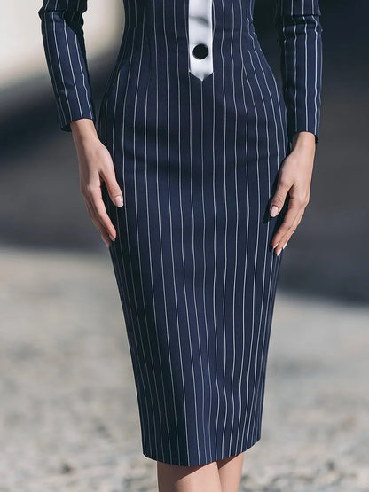 Contrast Collar Pinstripe Midi Dress