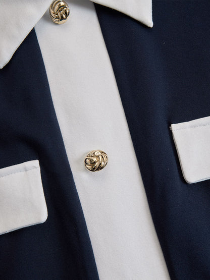 Elegant Navy & White Contrast Button-Up Midi Dress
