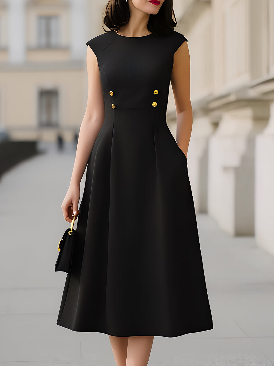 Cap-Sleeve Round-Neck A-Line Midi Dress With Gold Button Detail