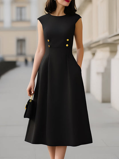 Cap-Sleeve Round-Neck A-Line Midi Dress With Gold Button Detail