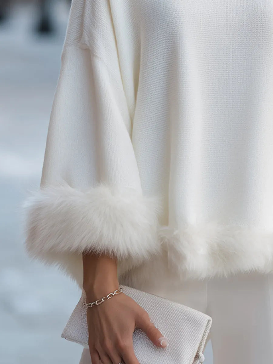 Elegant Faux Fur-Trimmed Knit Sweater