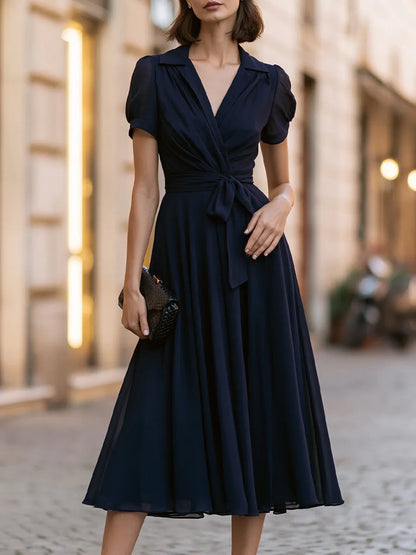 Elegant Wrap V-Neck Tie Waist Midi Dress With Puff Sleeves