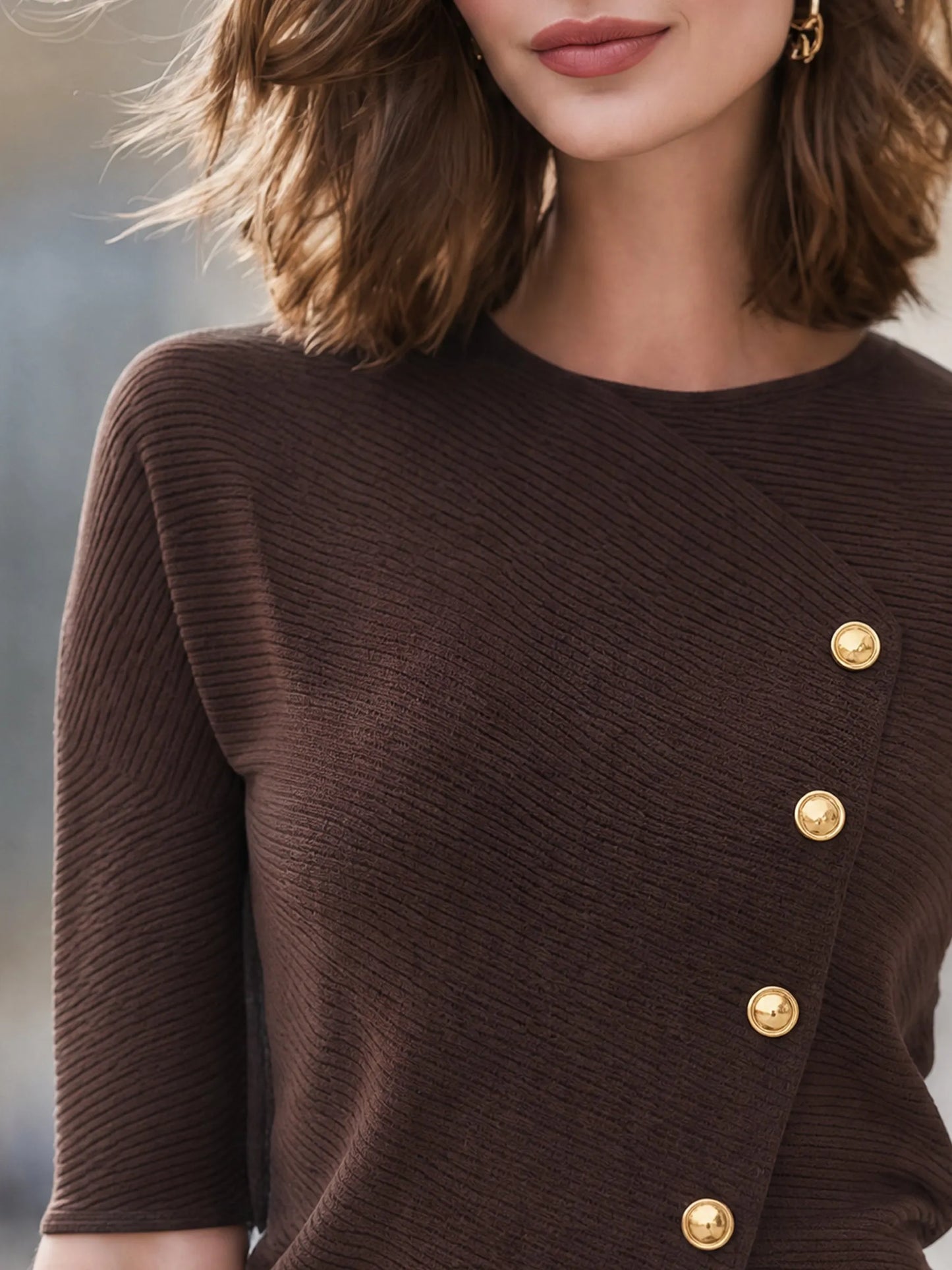 Asymmetric Button-Accent Ribbed Knit Top