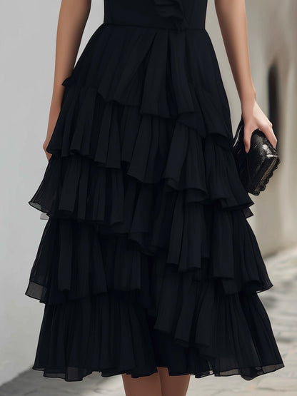 Asymmetrical Tiered Ruffle Sleeveless Midi Dress