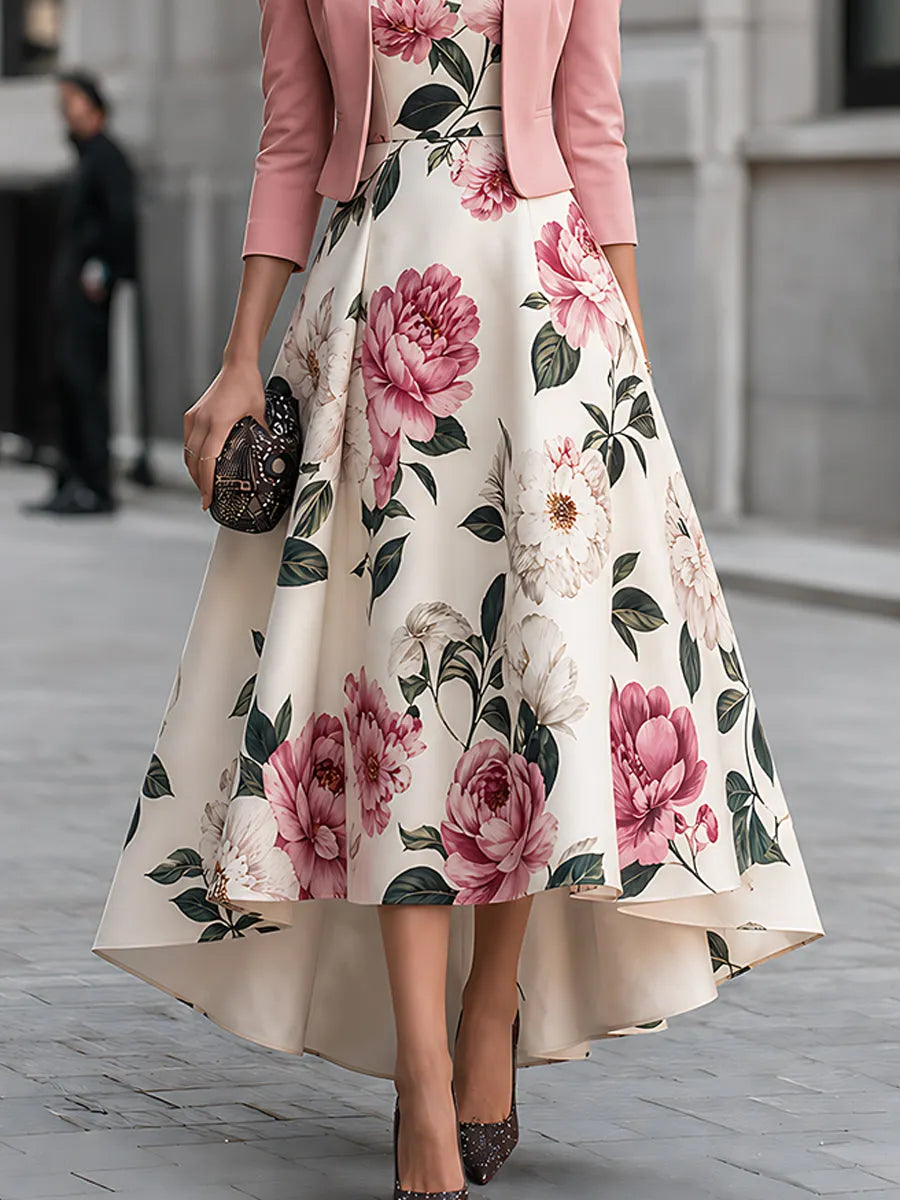 Floral Print High-Low Dress And Cropped Jacket Set