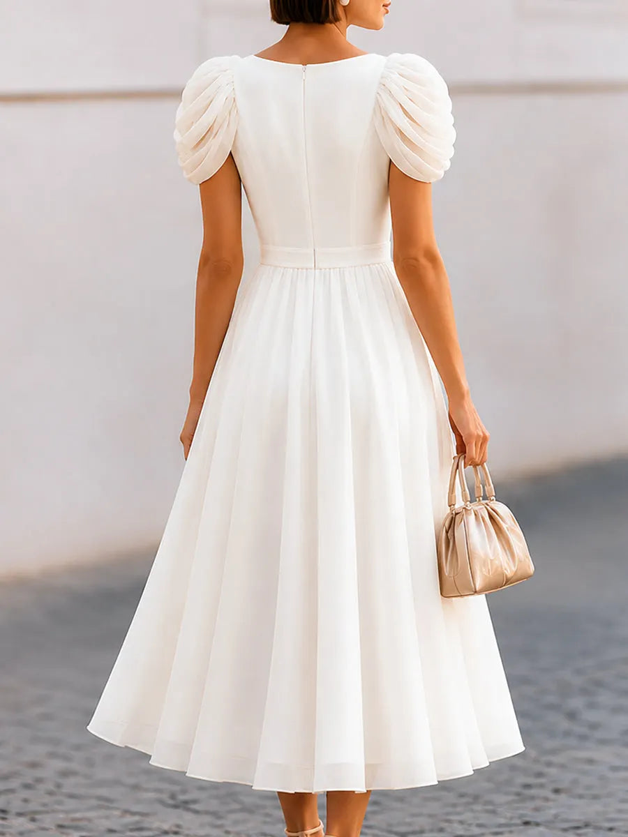 Elegant Draped Sleeve Midi Dress With Fitted Waist