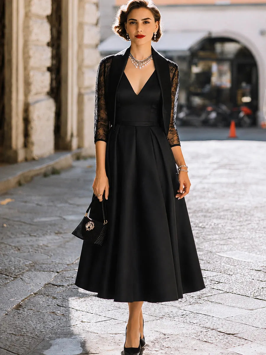 Satin V-Neck Midi Dress & Lace Sleeve Blazer Two-Piece Set