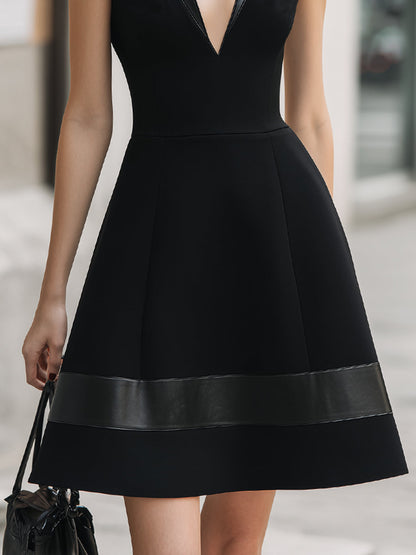 Structured Deep V-Neck Sleeveless A-Line Dress