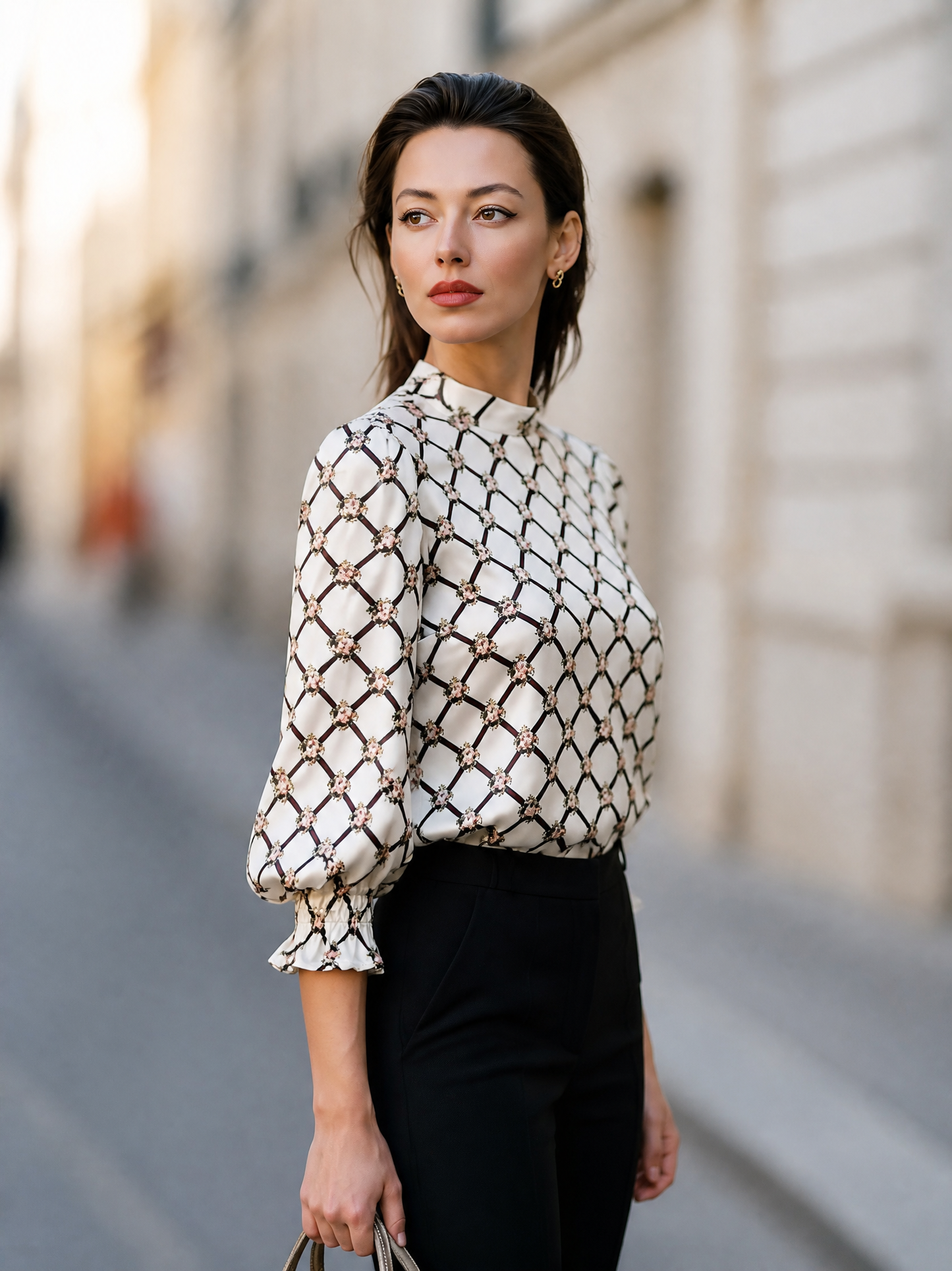 Geometric Floral Print Satin Blouse