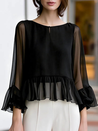 Boat Neckline Chiffon Peplum Ruffle Blouse