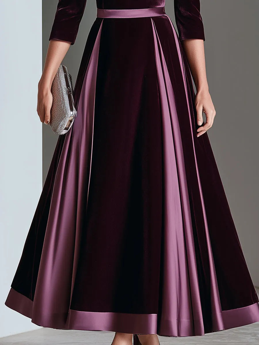 Satin Trim Bateau Neck Velvet A-Line Midi Dress