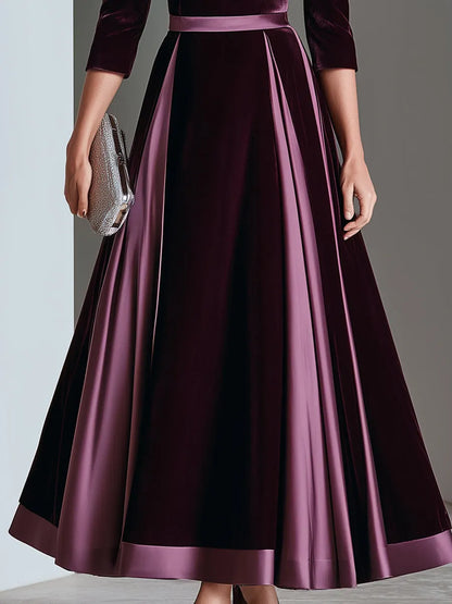Satin Trim Bateau Neck Velvet A-Line Midi Dress