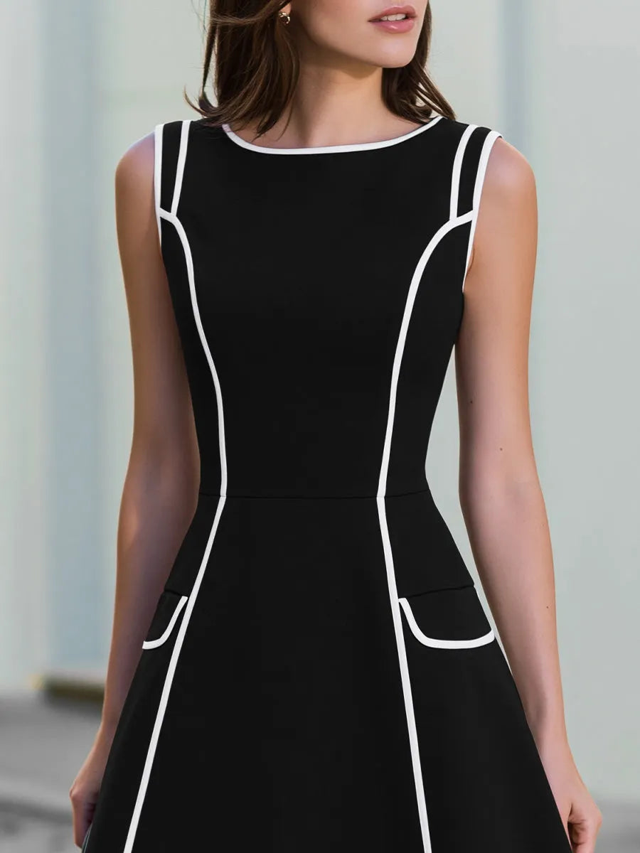 Black And White Contrast Trim Fit-and-Flare Sleeveless Dress