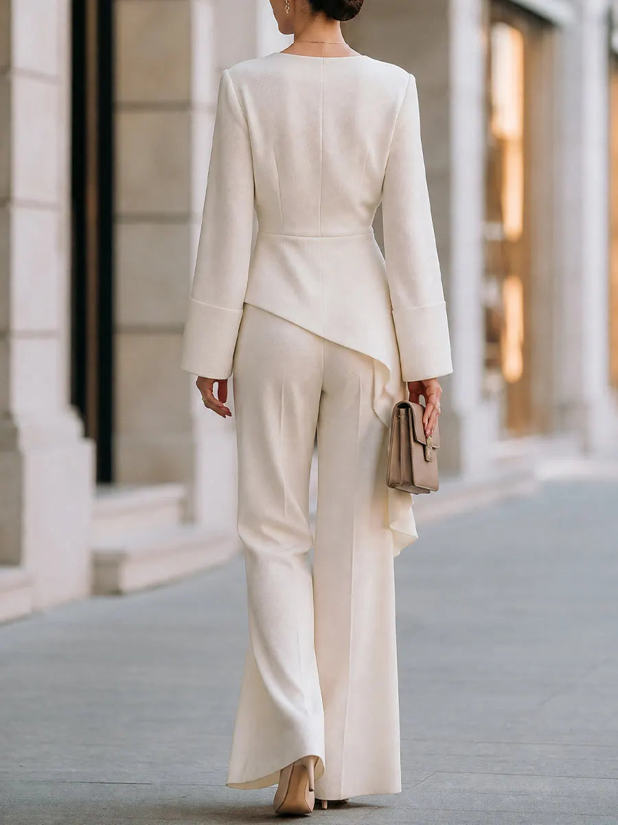Asymmetric Draped Peplum Knit Top & Wide-Leg Pants Set
