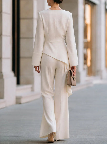 Asymmetric Draped Peplum Knit Top & Wide-Leg Pants Set