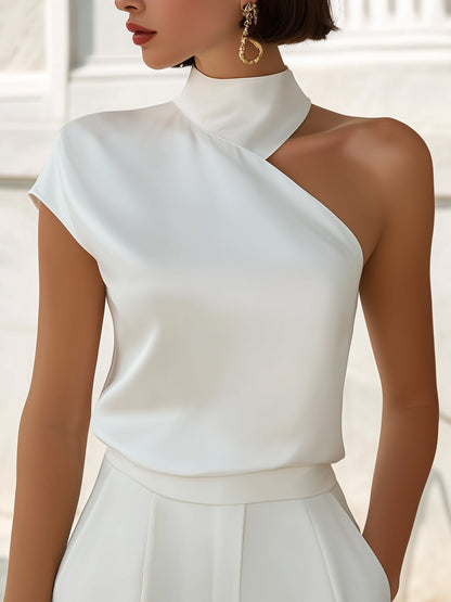 Asymmetrical High-Neck One-Shoulder Satin Blouse