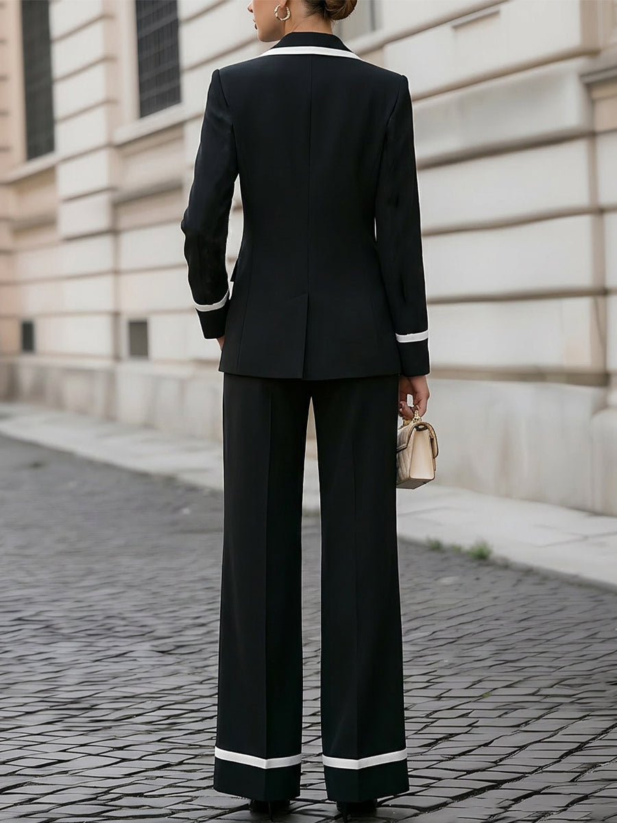 Contrast Piping Double Breasted Black Blazer & Cuffed Flared Pants Two-Piece Suit