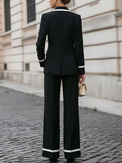 Contrast Piping Double Breasted Black Blazer & Cuffed Flared Pants Two-Piece Suit